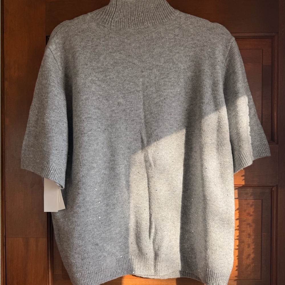 Abercrombie & Fitch Light Grey Sequin Mockneck Sweater Tee - Picture 7 of 8